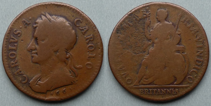 Charles II, 1665 pattern copper farthing P415 Charles II, 1665 pattern copper farthing P415